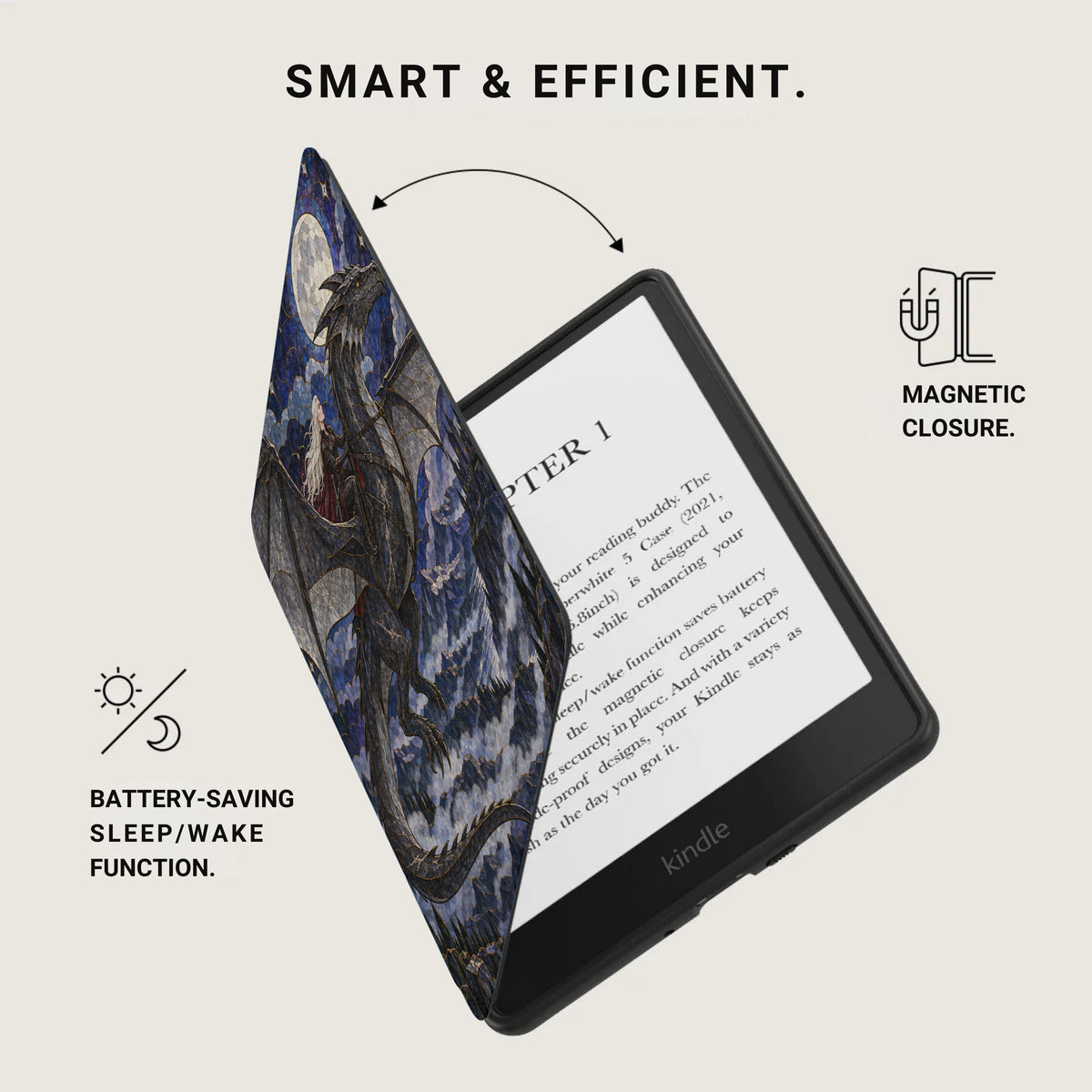 Kindle e-reader with a dragon-themed cover, magnetic closure, and battery-saving function.