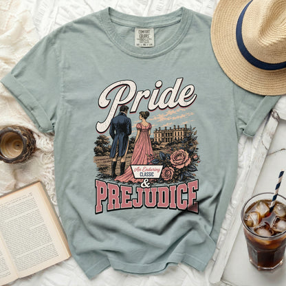 T-shirt with "Pride & Prejudice" text and illustration of couple.