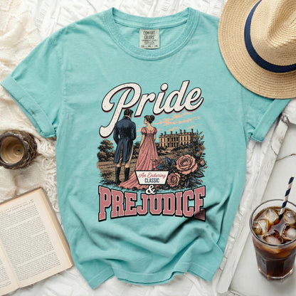 Turquoise t-shirt with "Pride & Prejudice" graphic and Regency couple.