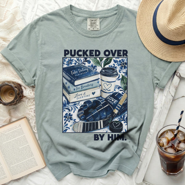 Pucked Over By Him Hockey Tee in Bay