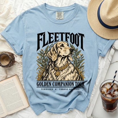 Light blue t-shirt with "Fleetwood Golden Companion Tour" and dog graphic.