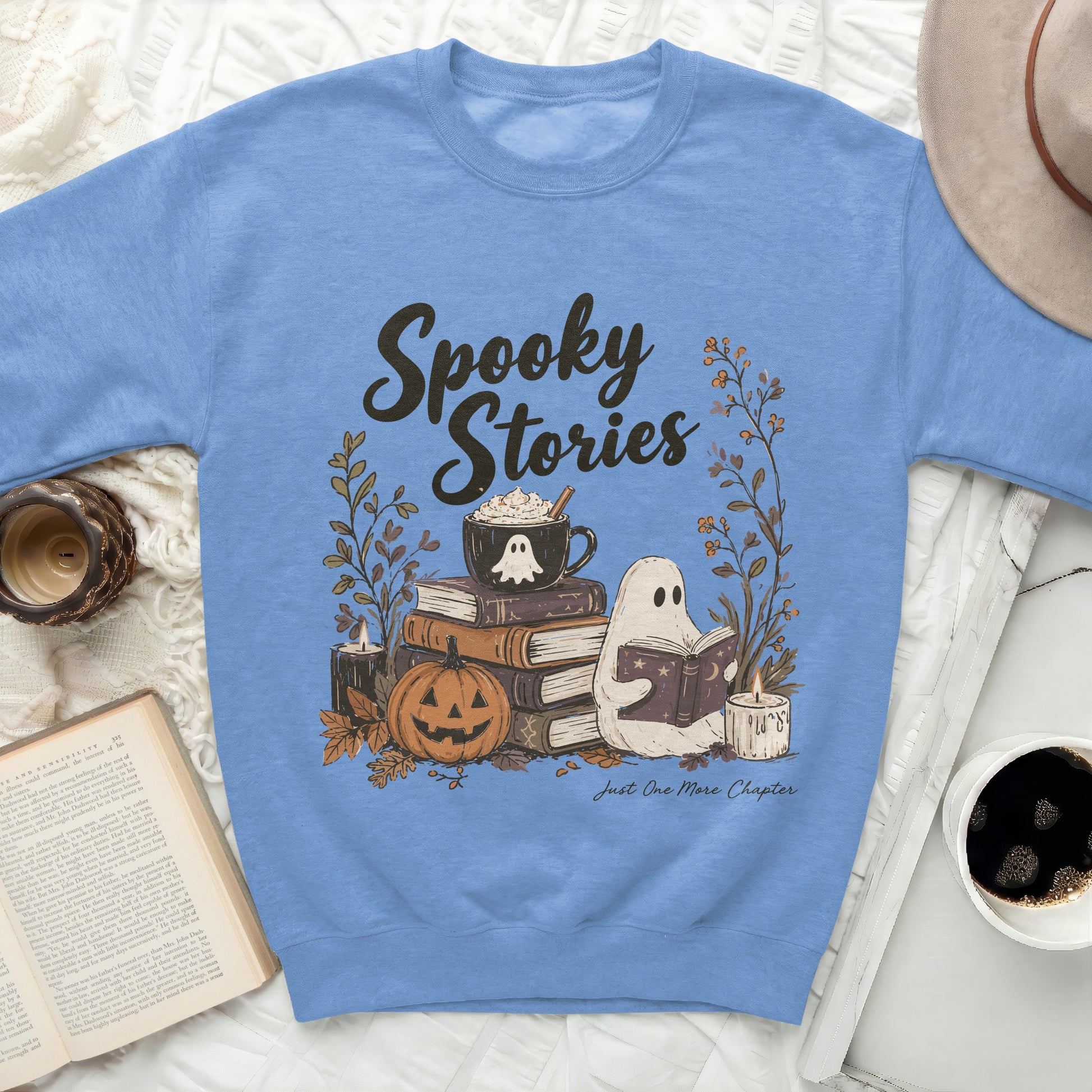 Light blue sweatshirt with Halloween ghost, pumpkin, and text.