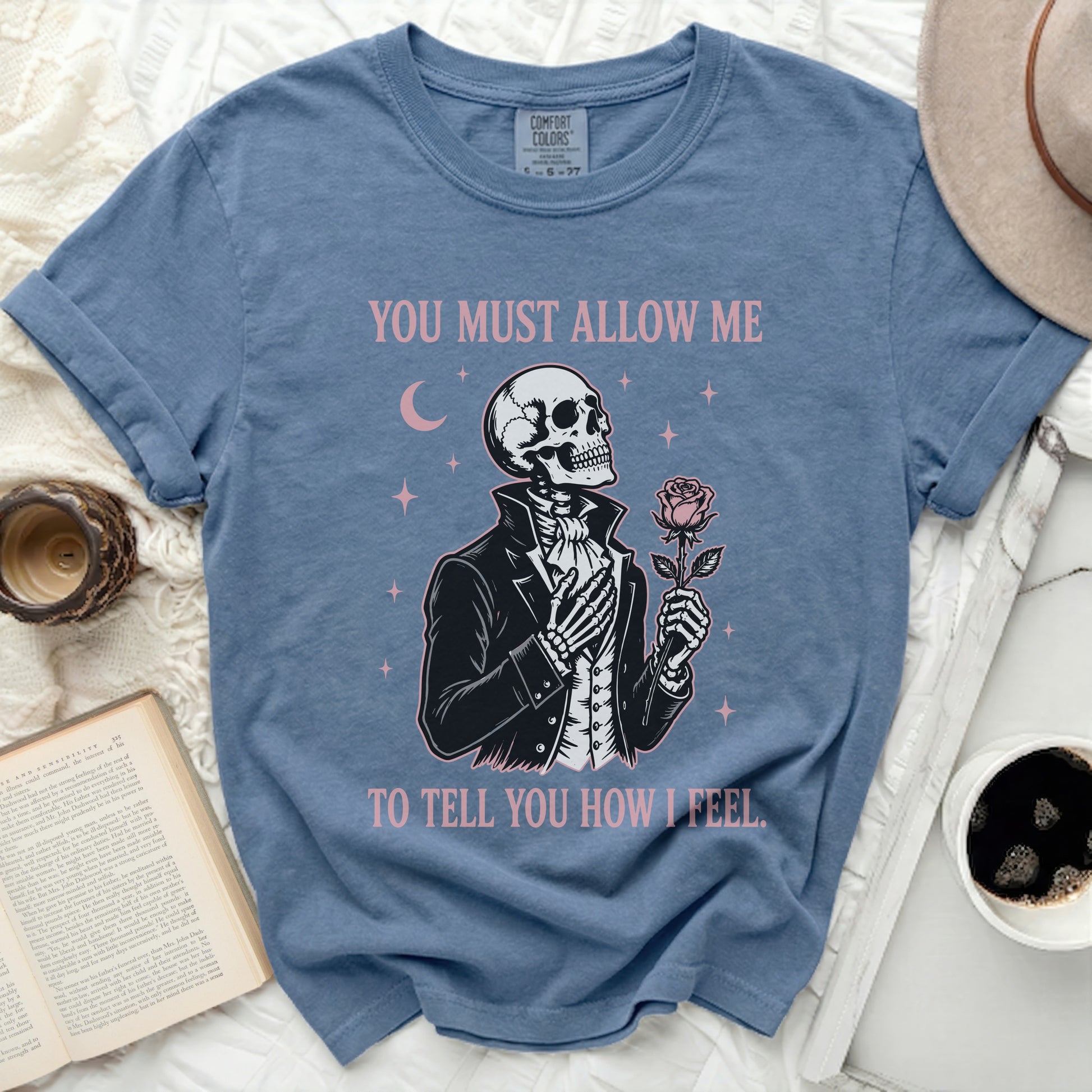 Skeleton in suit holding a rose with text "You Must Allow Me To Tell You How I Feel"