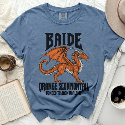Blue t-shirt with orange dragon, "BAIDE", "ORANGE SCORPIONTAIL", and "BONDED TO JACK BARLOWE" text.