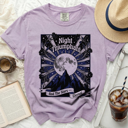 Purple t-shirt with "Night Triumphant And The Stars Eternal" moon and mountain graphic.