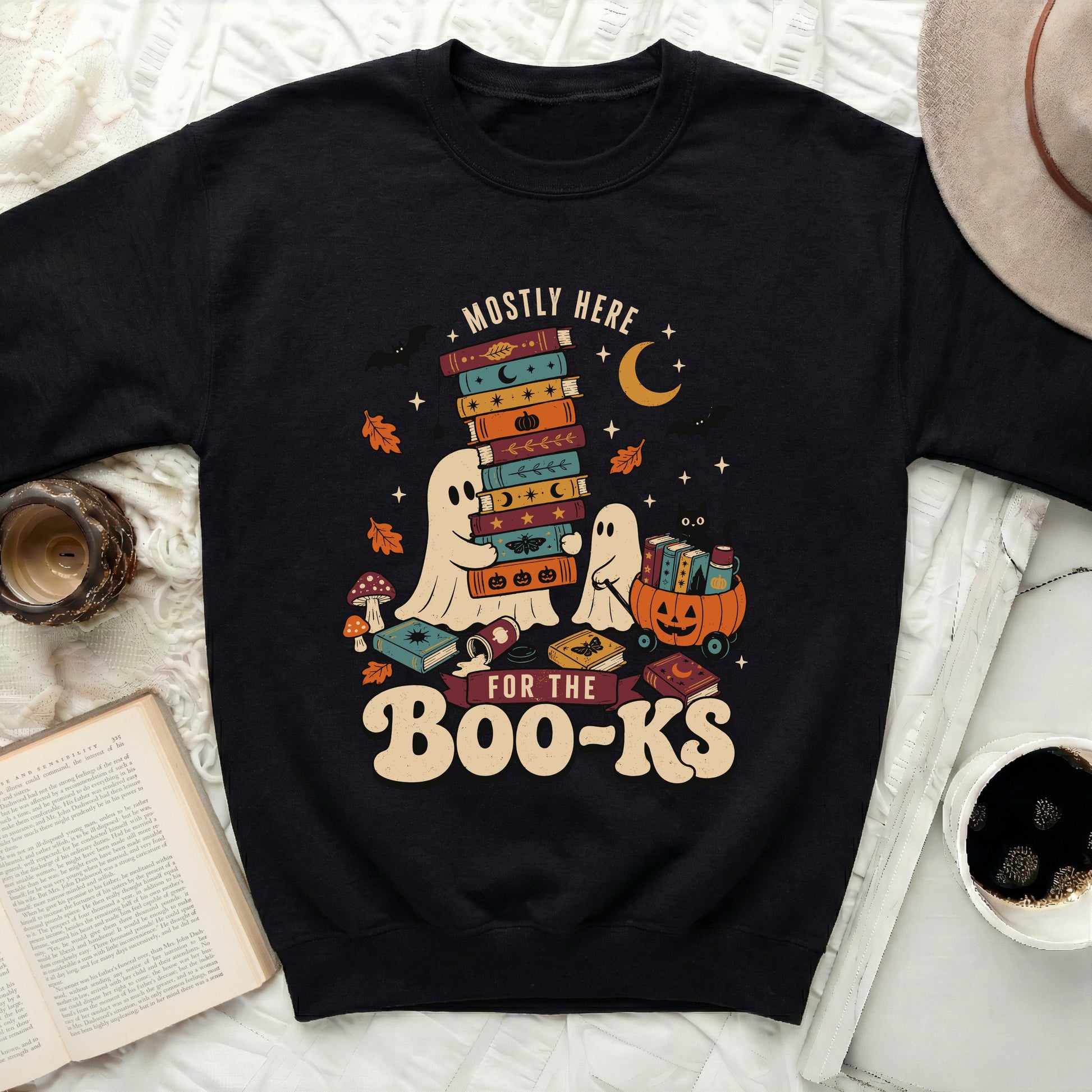 Ghosts and books with text "Mostly Here For The Boo-ks".