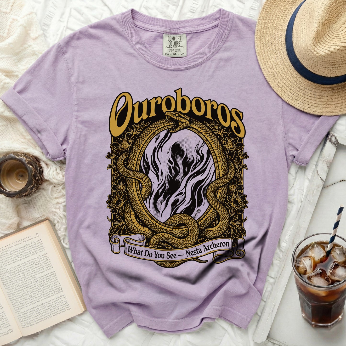 Purple t-shirt with Ouroboros snakes and "What Do You See - Nesta Archeron" text.