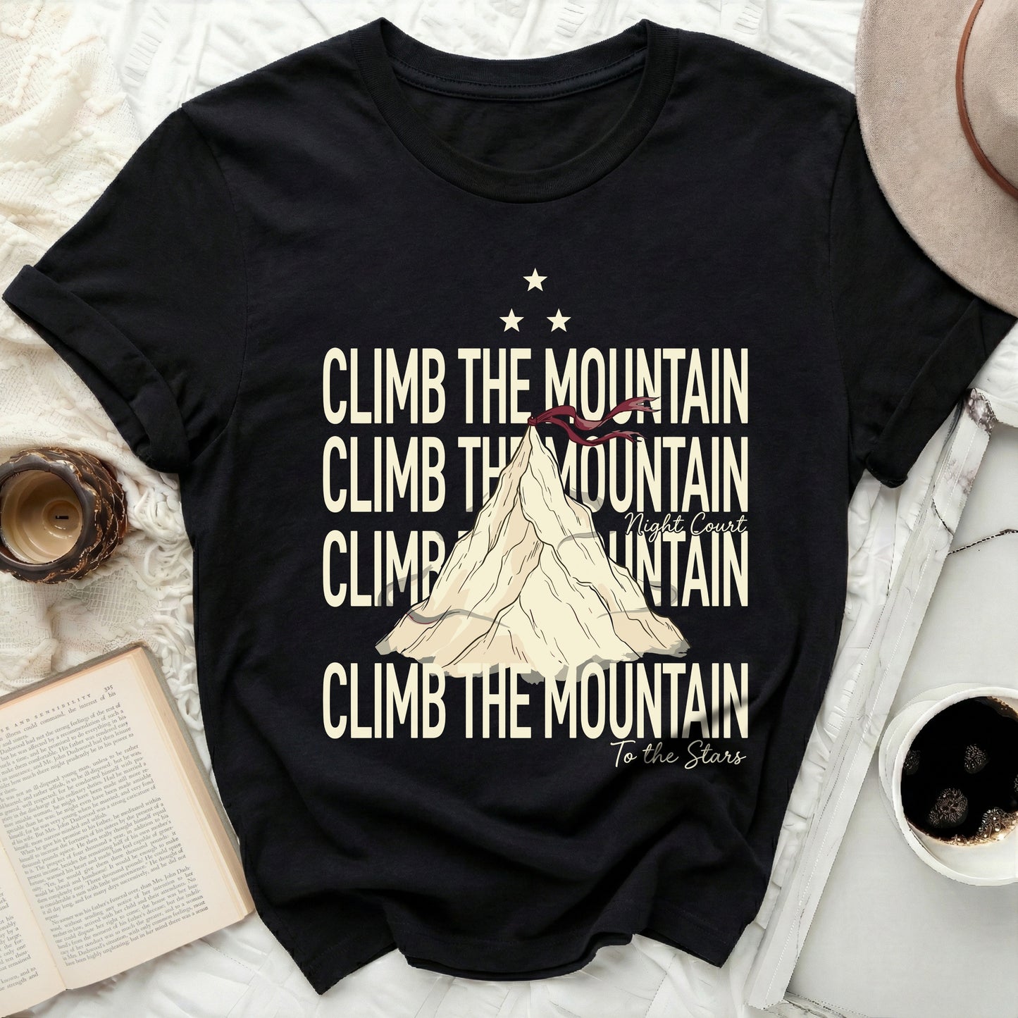 CLIMB THE MOUNTAIN Night Court To The Stars product type
climb the mountain, night court, to the stars, acotar, fae realm, bookish tee, fantasy fan, literary shirt, mountain graphic, star design, acotar merch, velaris, sjm fandom, book lover, graphic t-shirt, black tee, mythical, adventure shirt, inspirational, pop culture