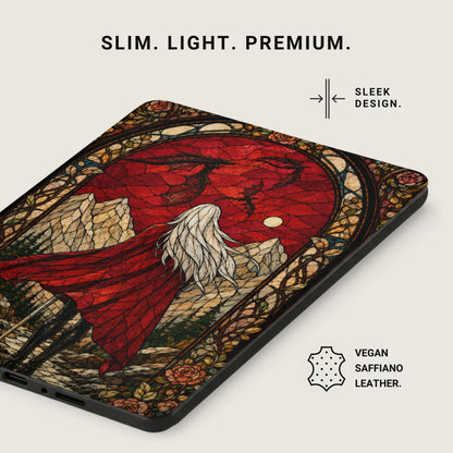 Phone case featuring a stained glass design of a woman with flowing hair and dragons.