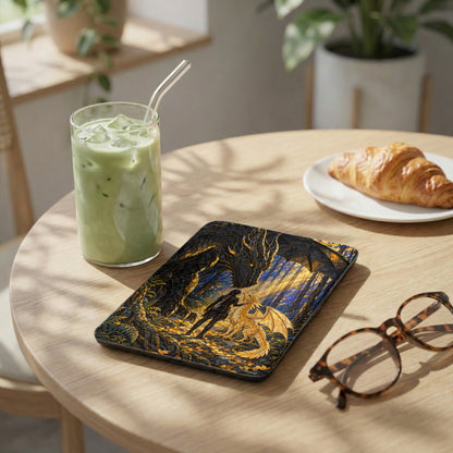 Case with woman and dragon art, next to matcha, croissant, and glasses.