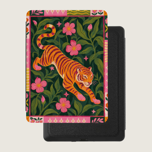Book cover with tiger and floral pattern on a black case.
