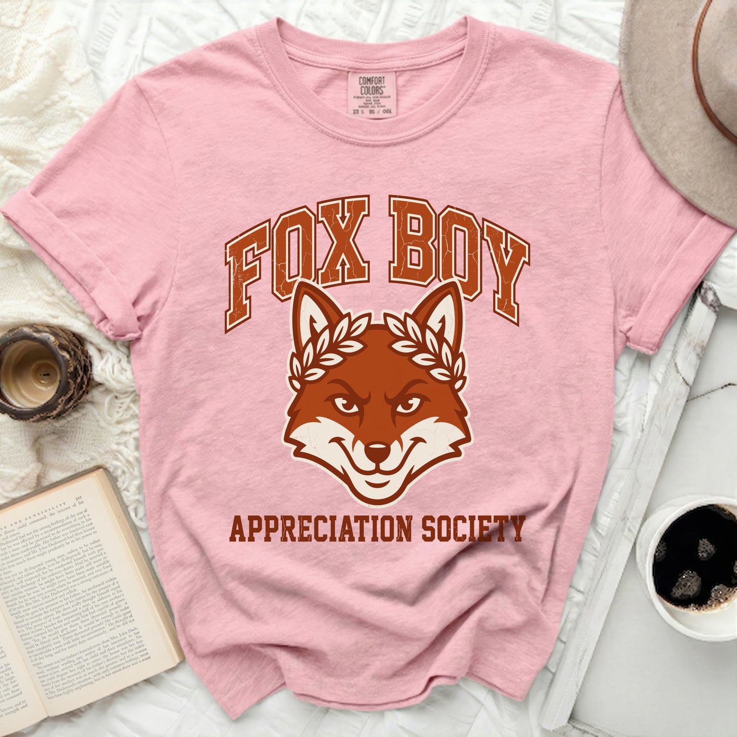 Pink t-shirt with "Fox Boy Appreciation Society" graphic.