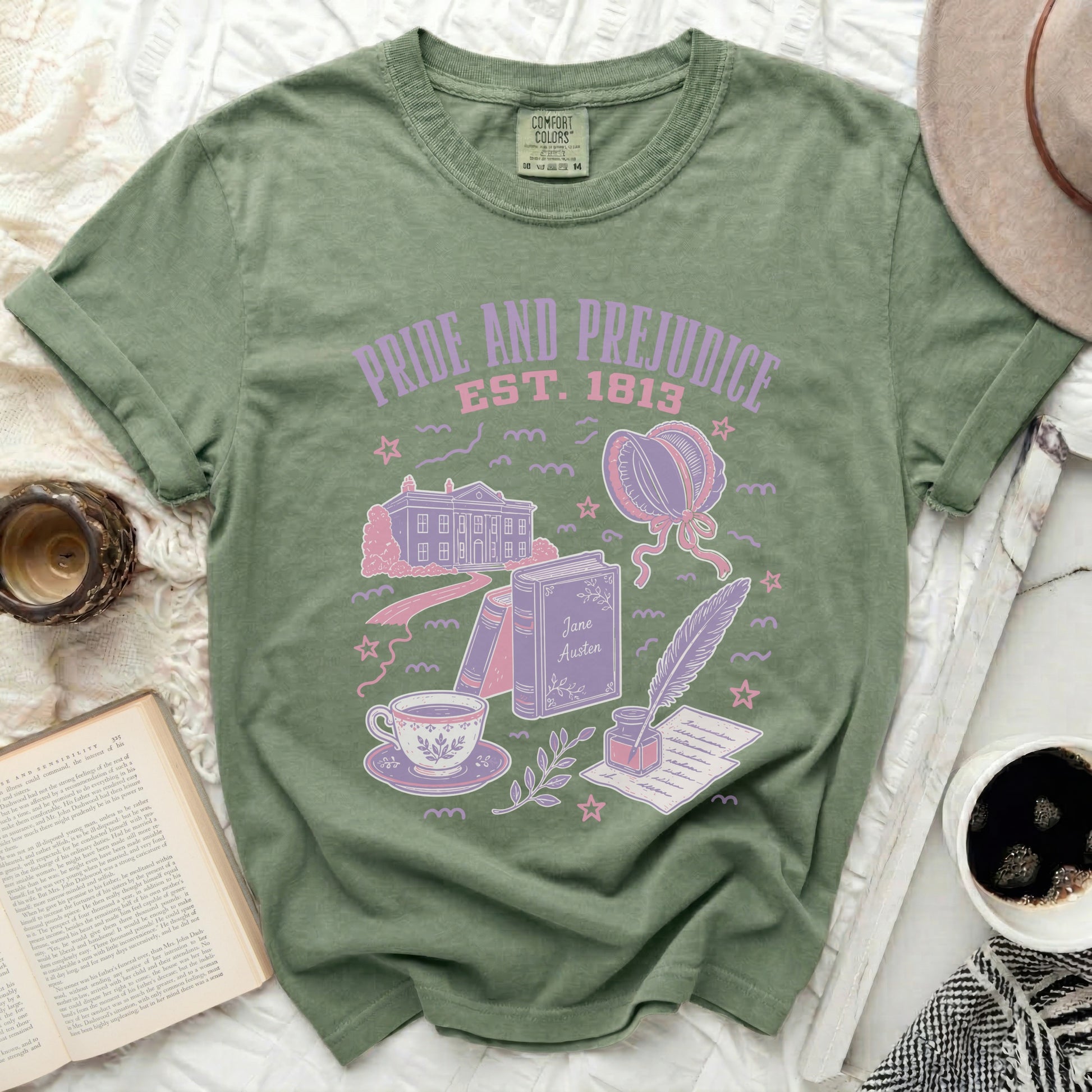 Green t-shirt with Pride and Prejudice EST. 1813 graphic.