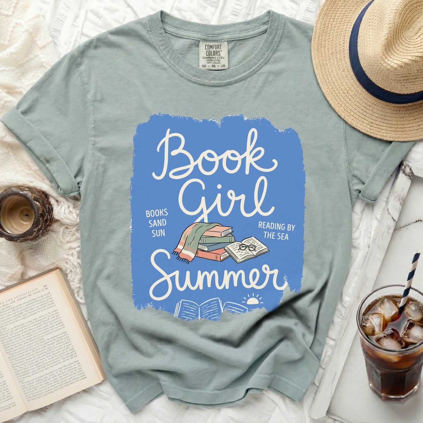 T-shirt with "Book Girl Summer" design featuring books, sand, and sun.