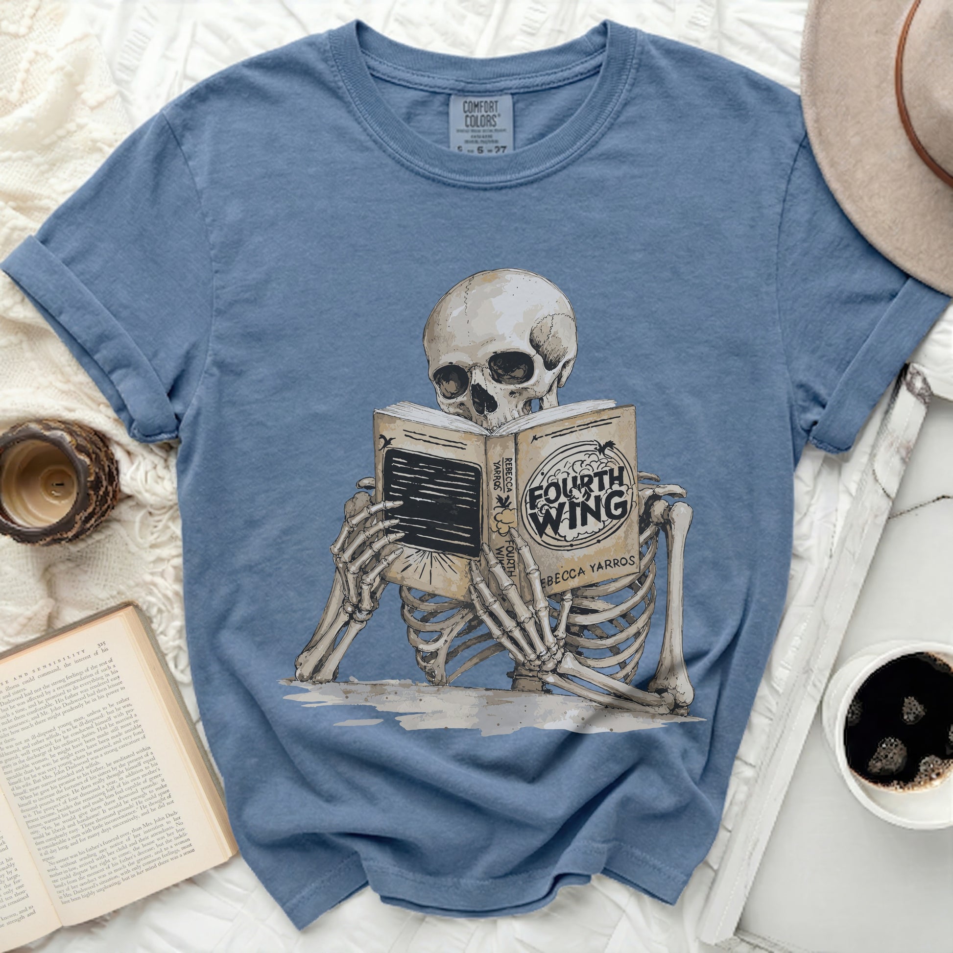 Skeleton reading "Fourth Wing" by Rebecca Yarros t-shirt.