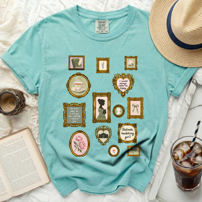 Turquoise comfort colors t-shirt with vintage framed prints of books, flowers, teacups, and quotes.