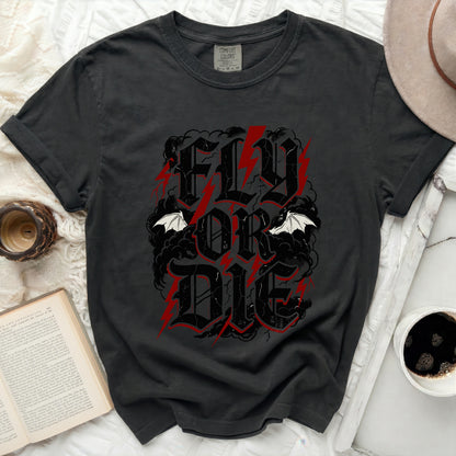 Black t-shirt with "FLY OR DIE" gothic text, bats, and lightning.