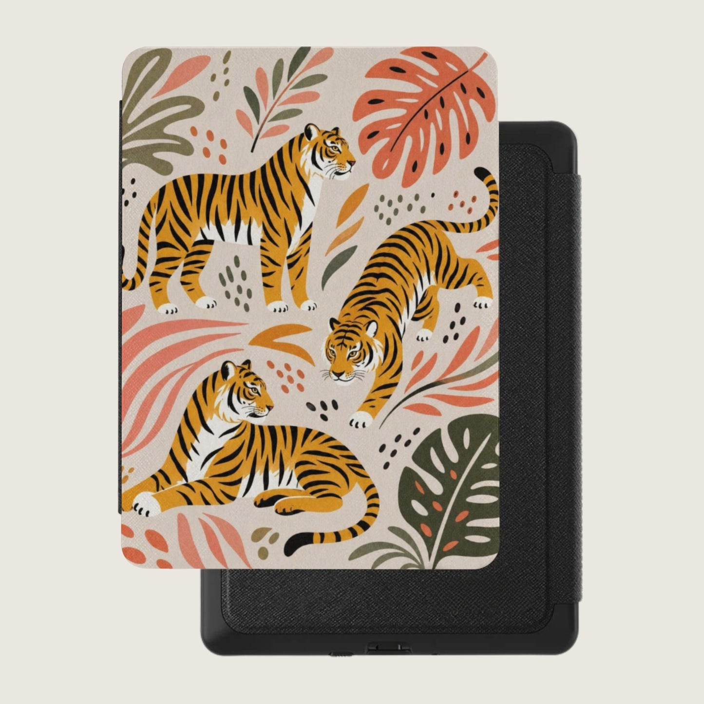 Protective case with abstract tiger and tropical leaf pattern.