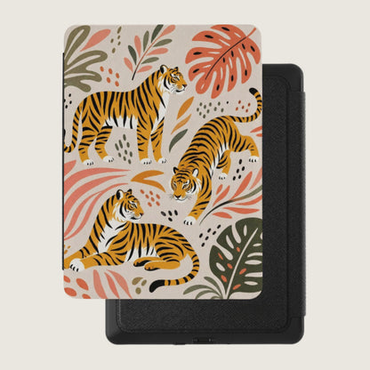 Protective case with abstract tiger and tropical leaf pattern.