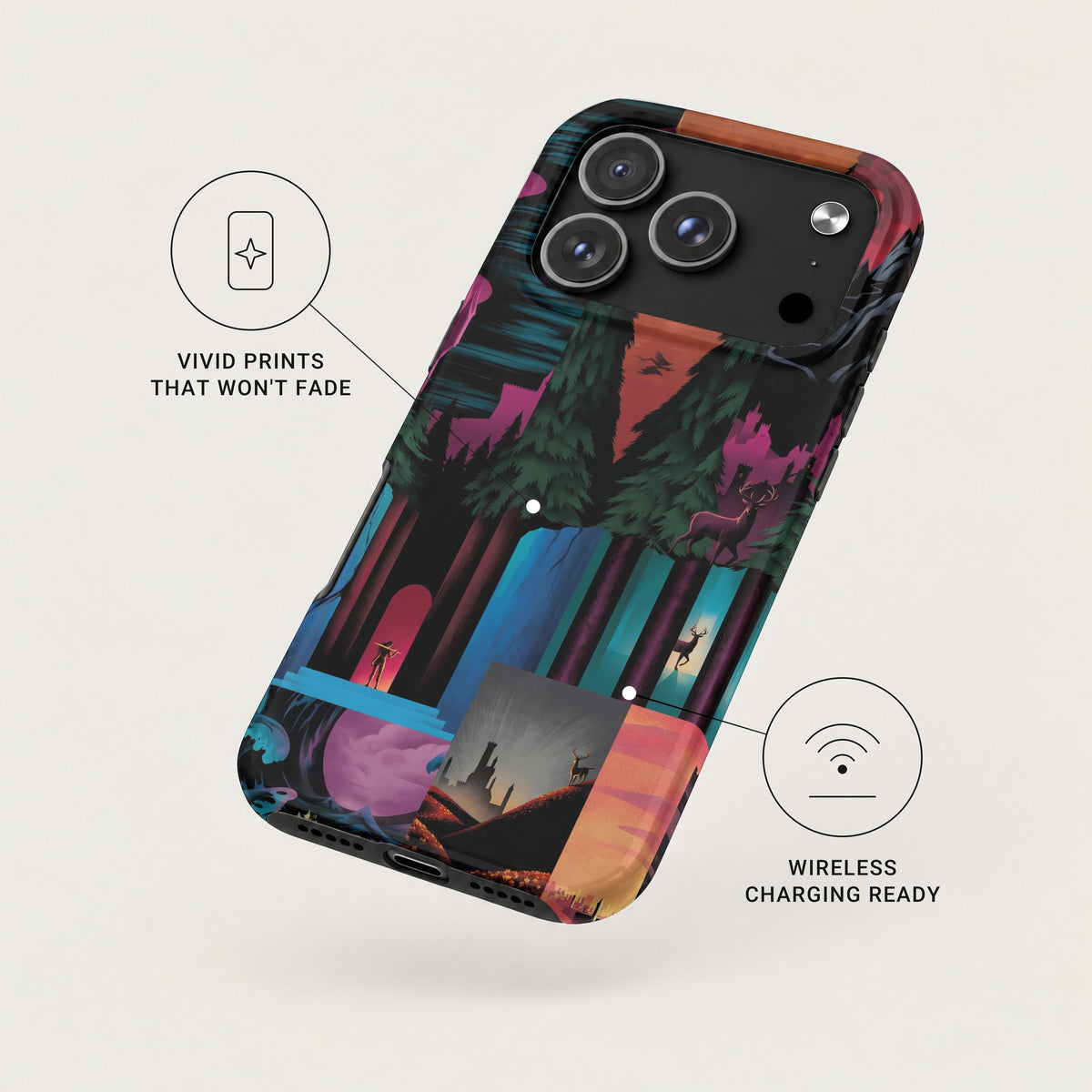 An angled smartphone case featuring a colorful fantasy forest design with overlaid text indicating vivid prints and wireless charging compatibility.