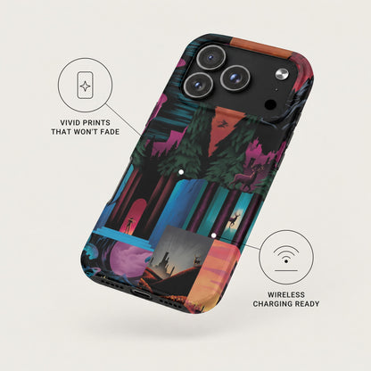 An angled smartphone case featuring a colorful fantasy forest design with overlaid text indicating vivid prints and wireless charging compatibility.