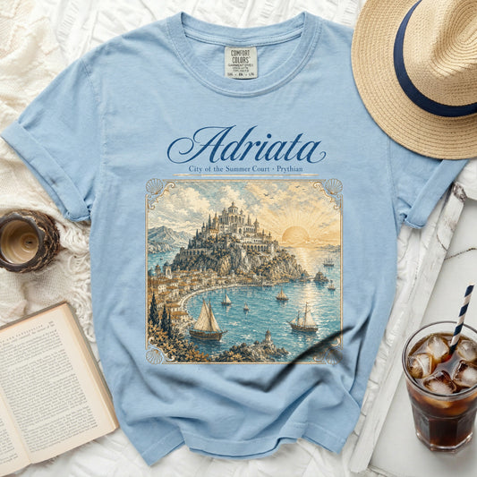 Light blue t-shirt with "Adriata" and a coastal city print.