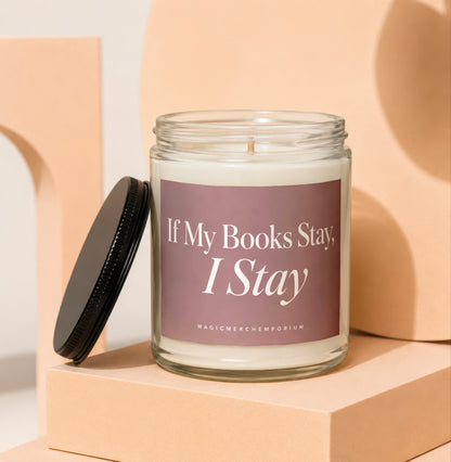 Glass jar candle with lid off, featuring text "If My Books Stay, I Stay".