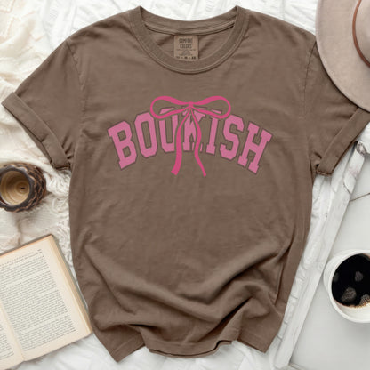 Brown t-shirt with pink "BOUKISH" text and bow graphic.