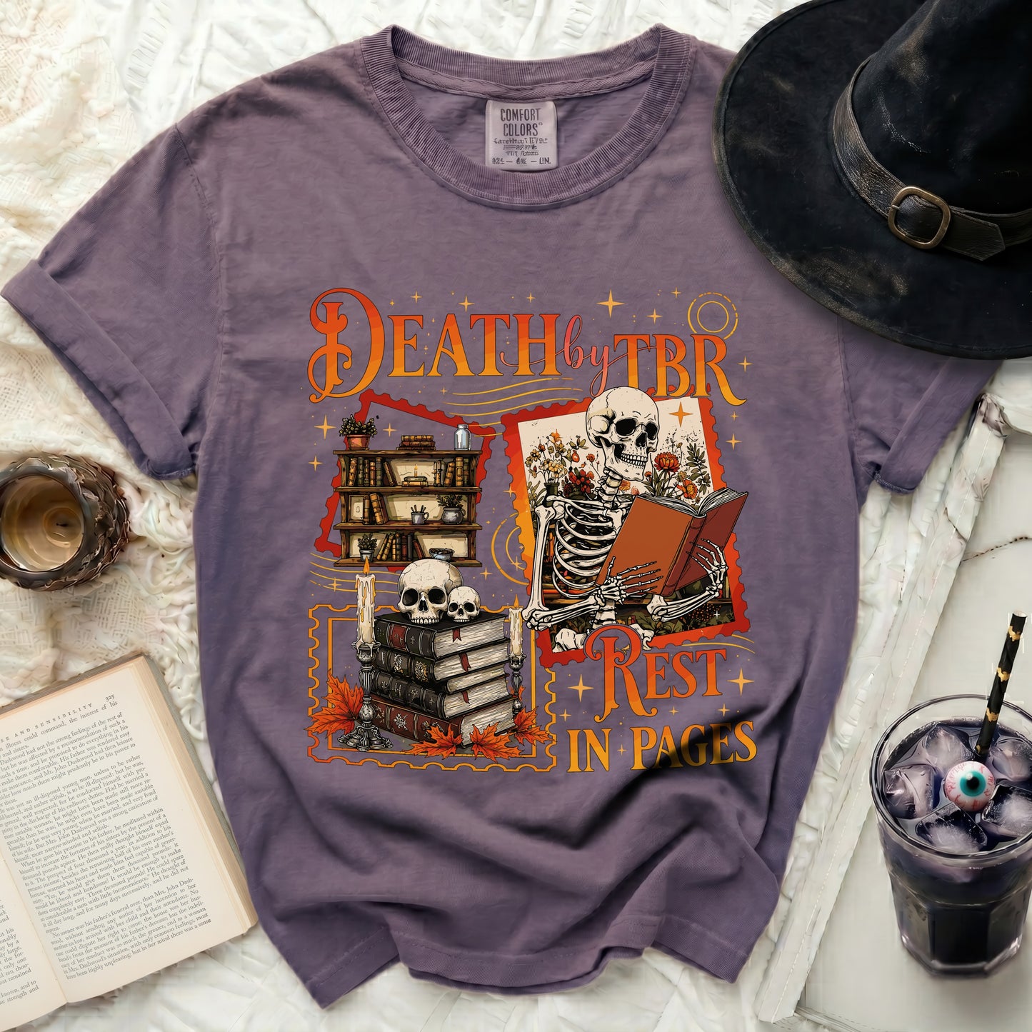 Purple t-shirt with skeleton reading book and text "Death by TBR Rest in Pages."