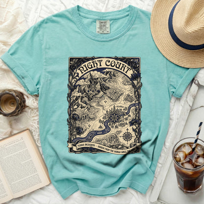 Teal t-shirt with "Night Court" map design and Latin text.