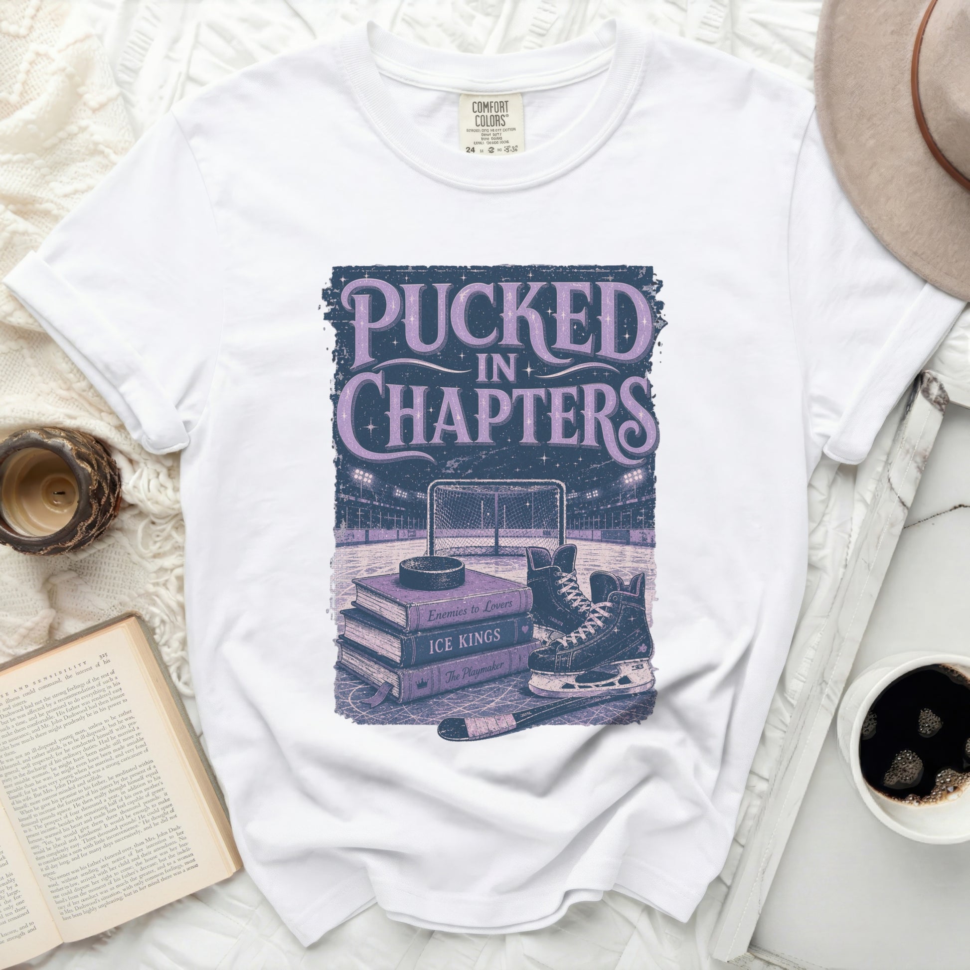 T-shirt with "Pucked in Chapters" hockey graphic and book titles.