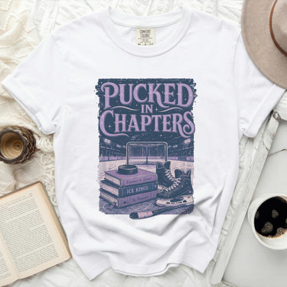 T-shirt with "Pucked in Chapters" hockey graphic and book titles.