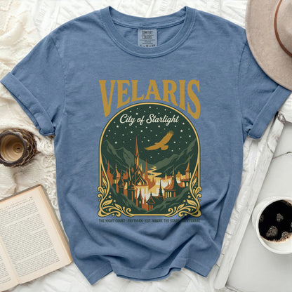 Blue shirt with "Velaris City of Starlight" and a night cityscape illustration.