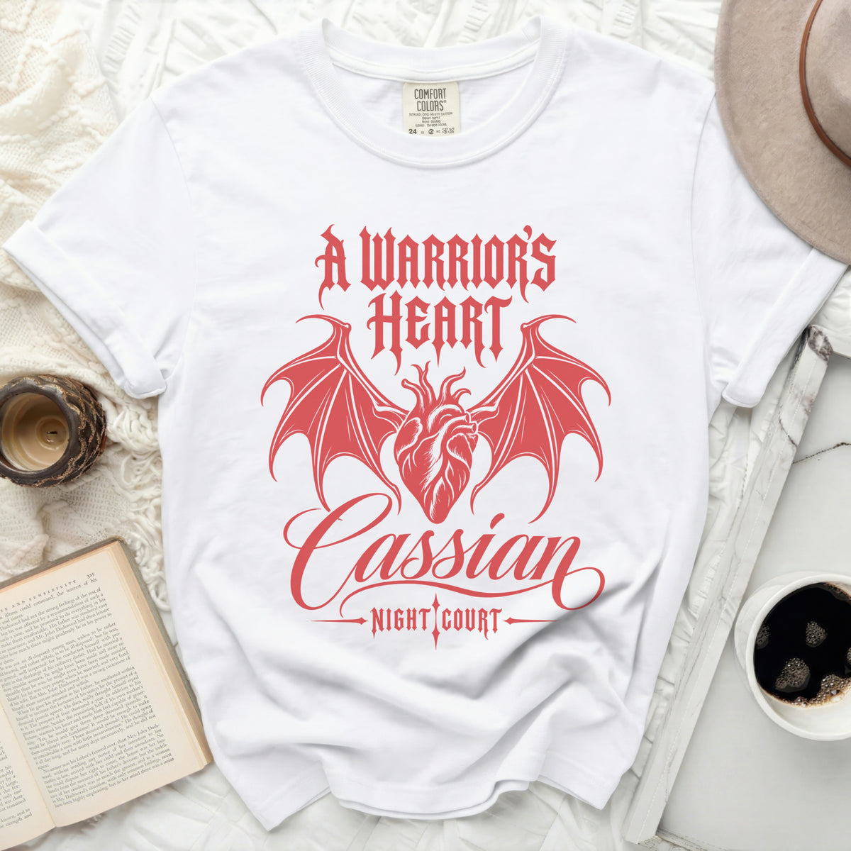 White t-shirt with red graphic: A Warrior's Heart, Cassian, Night Court.
