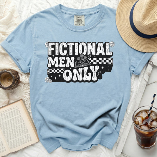 Light blue t-shirt with "Fictional Men Only" text and book graphic.
