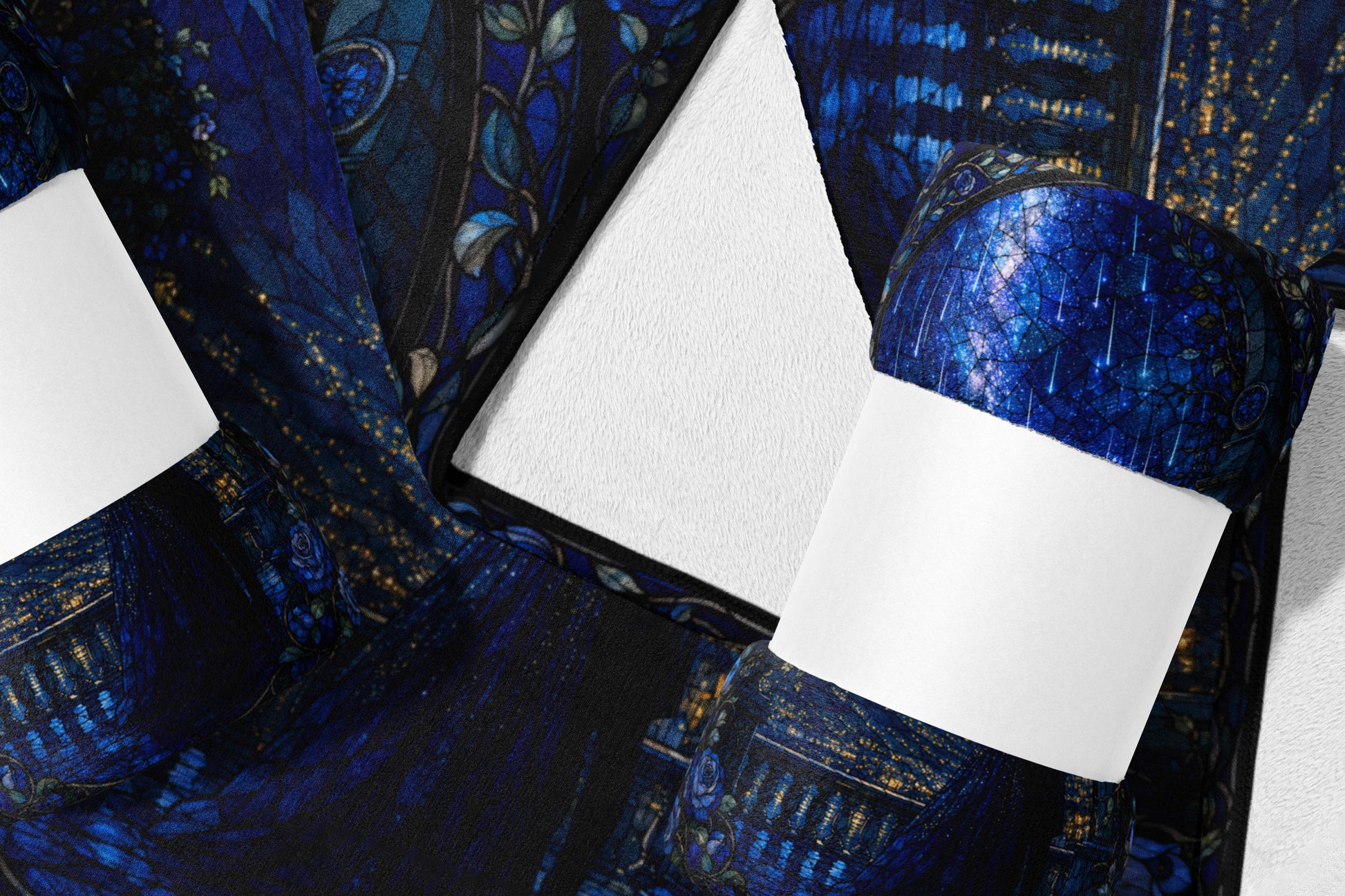 Blue velvet throw with stained glass and starry night pattern, edged in white.