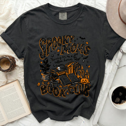 Black t-shirt with "Spooky Moms" and Halloween book club graphic.