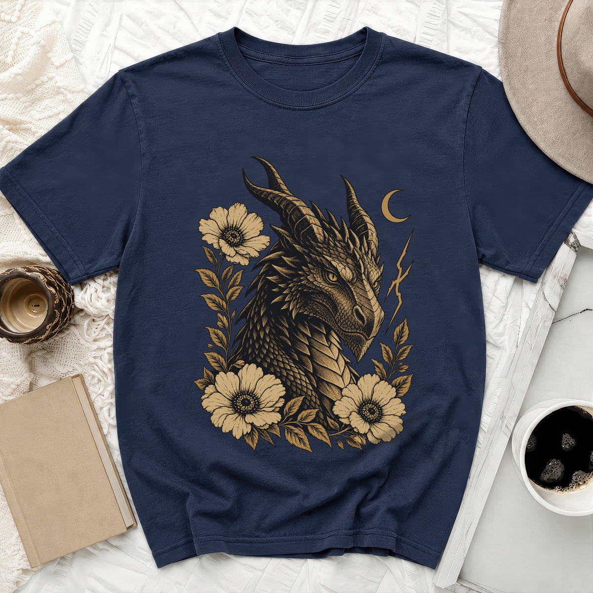 Dark blue t-shirt with a detailed dragon and floral design.