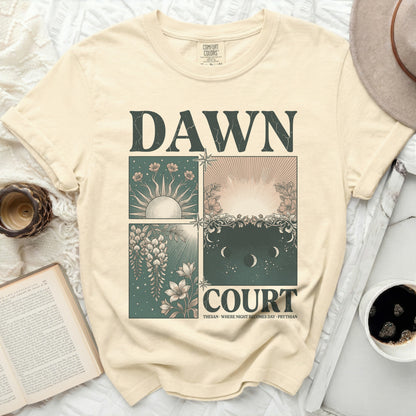 Cream t-shirt with "DAWN COURT" text and four illustrated panels.