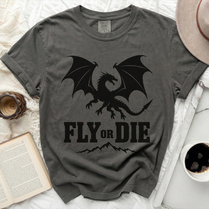 Gray t-shirt with black dragon graphic and "FLY OR DIE" text.