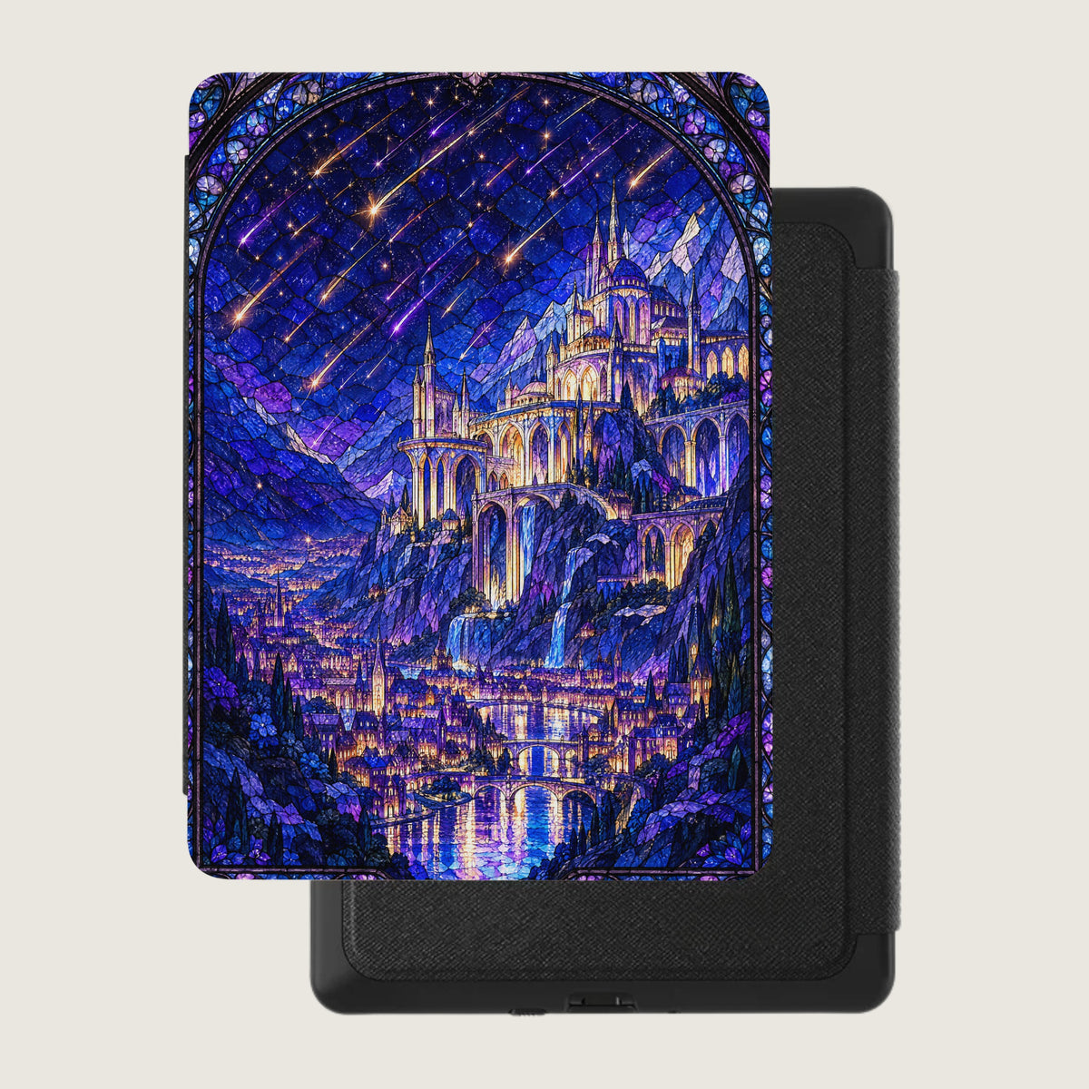 Black e-reader inside a protective case featuring a blue stained-glass illustration of a castle beneath shooting stars.