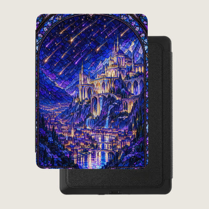 Black e-reader inside a protective case featuring a blue stained-glass illustration of a castle beneath shooting stars.
