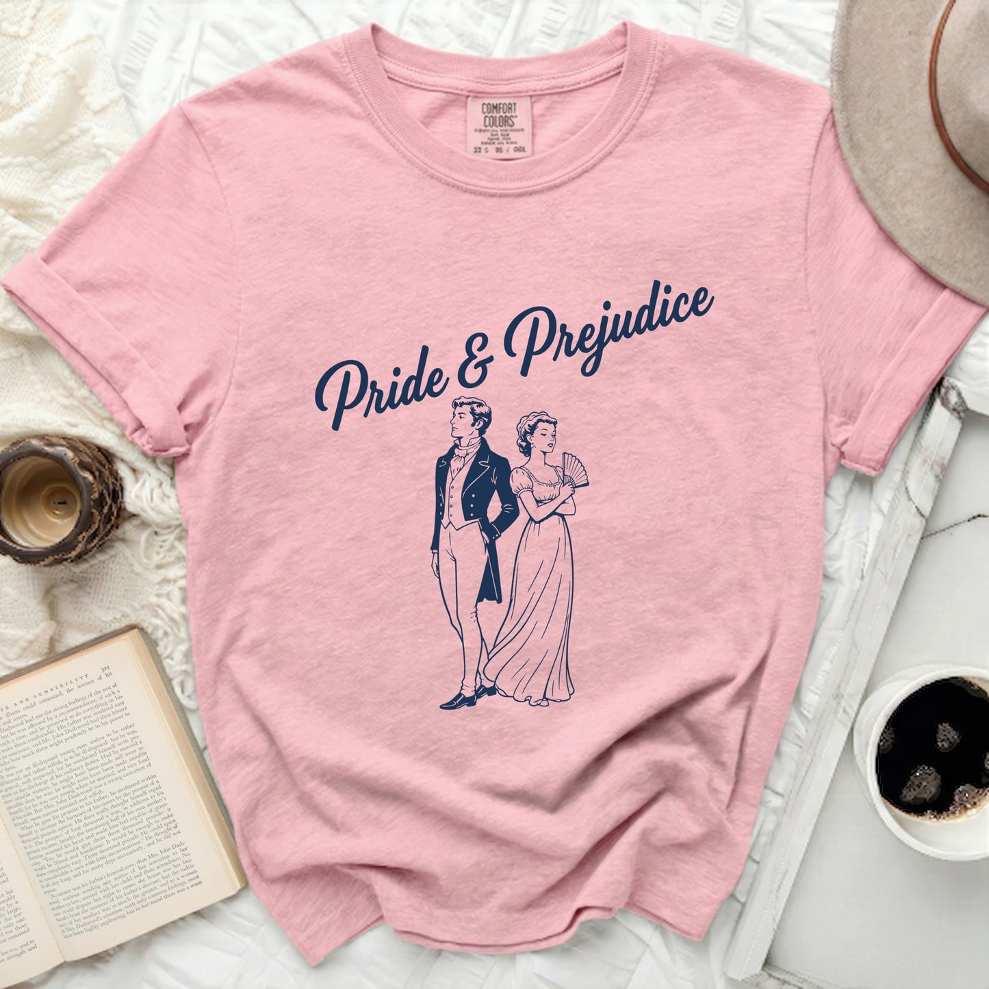 Pink t-shirt with "Pride & Prejudice" and Regency couple graphic