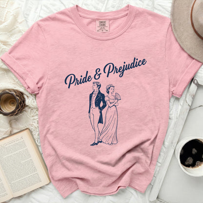 Pink t-shirt with "Pride & Prejudice" and Regency couple graphic