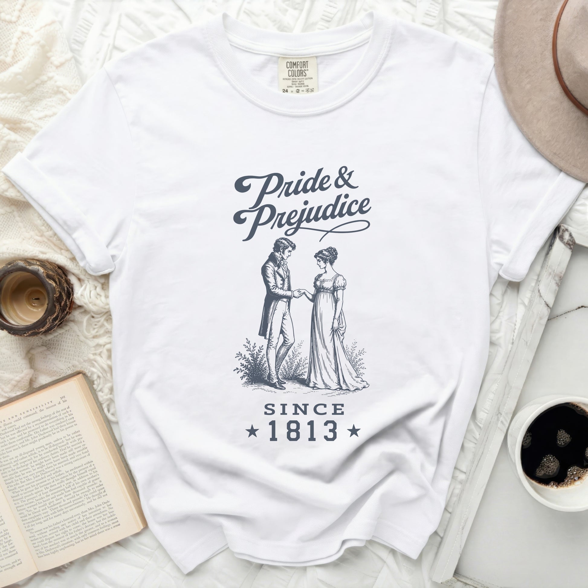 White Comfort Colors t-shirt with "Pride & Prejudice Since 1813" graphic.