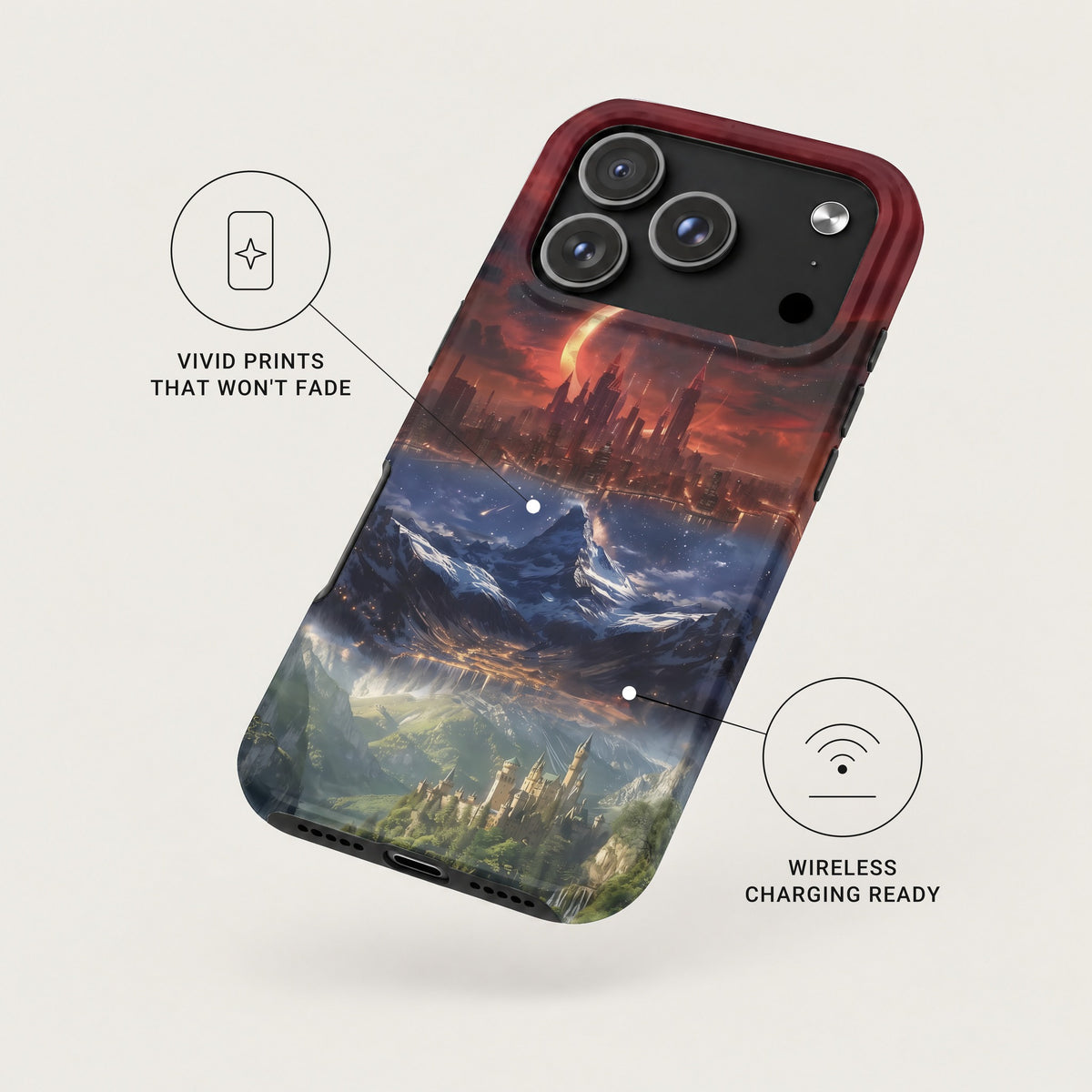 Angled view of a smartphone case featuring a fantasy landscape with callout icons for vivid prints and wireless charging.