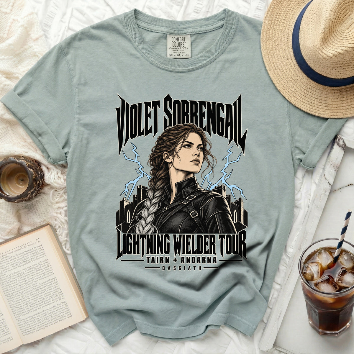 Violet Sorrengal Lightning Wielder Tour graphic tee with Tairn and Andarna.