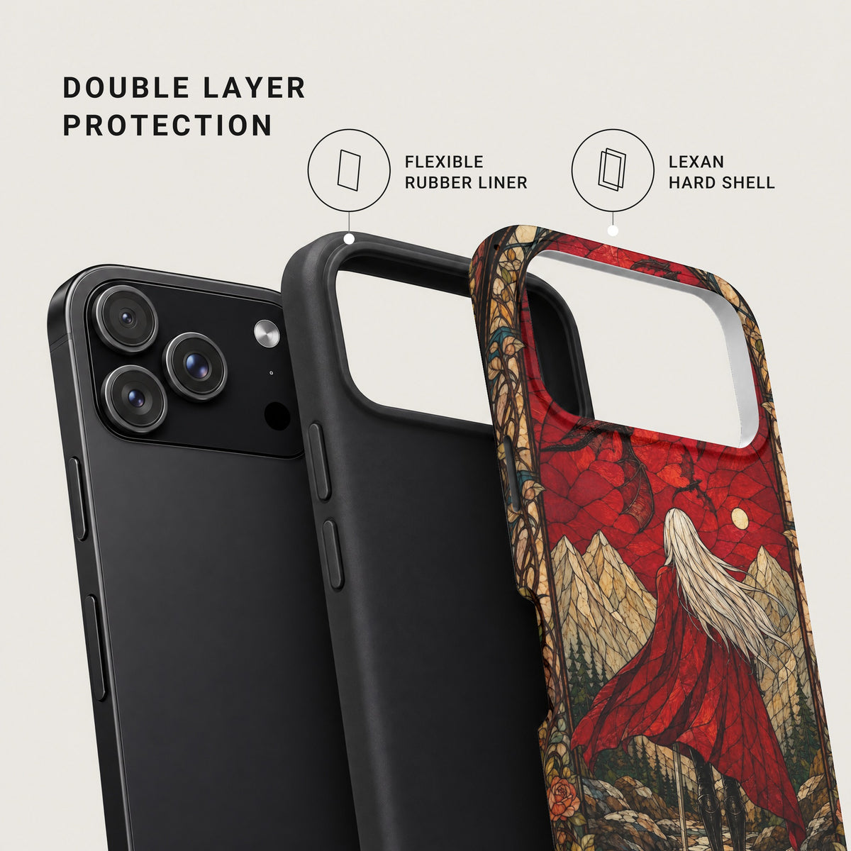 An exploded view diagram of a dual-layer phone case showing the flexible rubber liner and Lexan hard shell.
