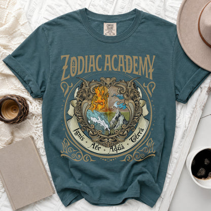 Teal t-shirt with Zodiac Academy crest featuring elements of fire, water, air, and earth.