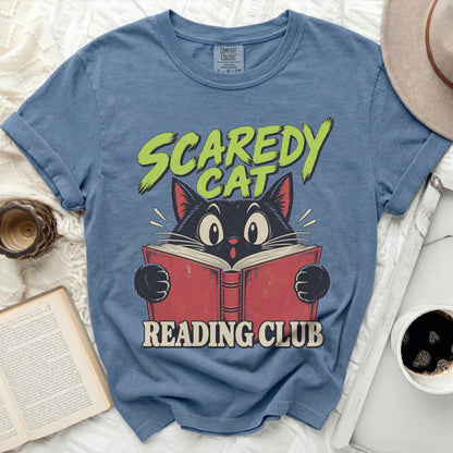 Blue t-shirt with black cat reading a book, text "SCAREDY CAT READING CLUB".